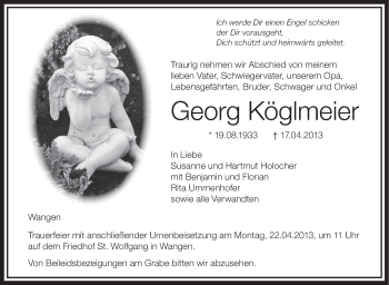 Anzeige von Georg Köglmeier von Schwäbische Zeitung
