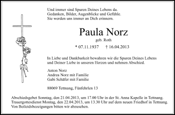 Anzeige von Paula Norz von Schwäbische Zeitung
