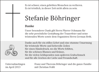 Anzeige von Stefanie Böhringer von Schwäbische Zeitung