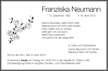 Anzeige von Franziska Neumann von Schwäbische Zeitung
