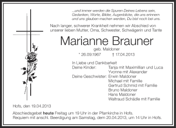 Anzeige von Marianne Brauner von Schwäbische Zeitung