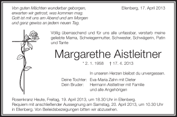 Anzeige von Margarethe Aistleitner von Schwäbische Zeitung