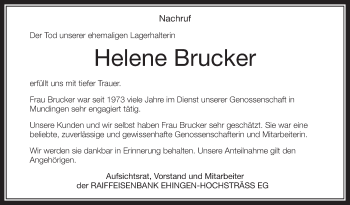 Anzeige von Helene Brucker von Schwäbische Zeitung