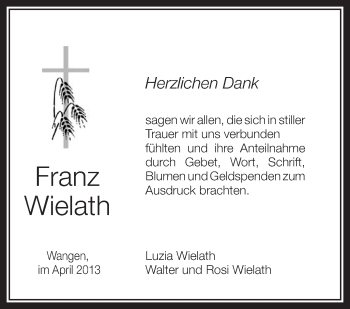 Anzeige von Franz Wielath von Schwäbische Zeitung