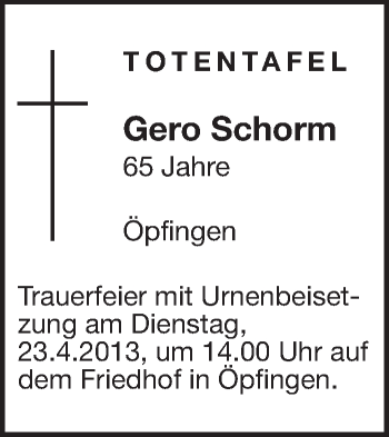 Anzeige von Totentafel vom 19.04.2013 von Schwäbische Zeitung