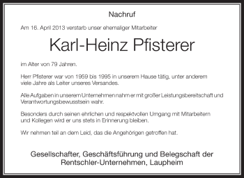 Anzeige von Karl-Heinz Pfisterer von Schwäbische Zeitung