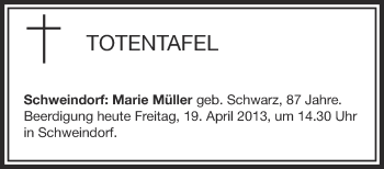 Anzeige von Totentafel vom 19.04.2013 von Schwäbische Zeitung