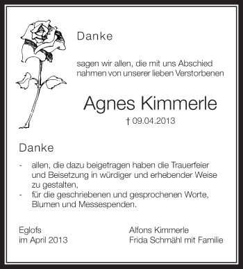 Anzeige von Agnes Kimmerle von Schwäbische Zeitung