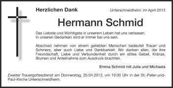 Anzeige von Hermann Schmid von Schwäbische Zeitung