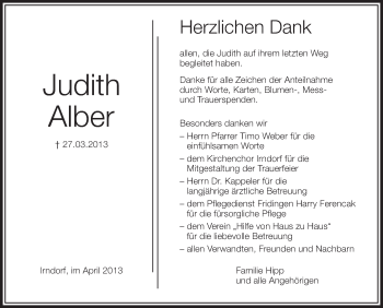 Anzeige von Judith Alber von Schwäbische Zeitung