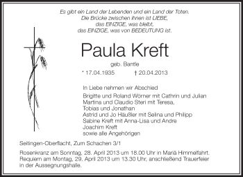 Anzeige von Paula Kreft von Schwäbische Zeitung