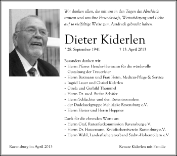 Anzeige von Dieter Kiderlen von Schwäbische Zeitung