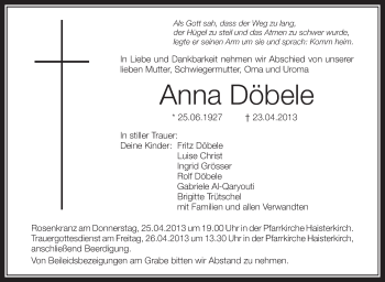 Anzeige von Anna Döbele von Schwäbische Zeitung