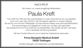 Anzeige von Paula Kreft von Schwäbische Zeitung