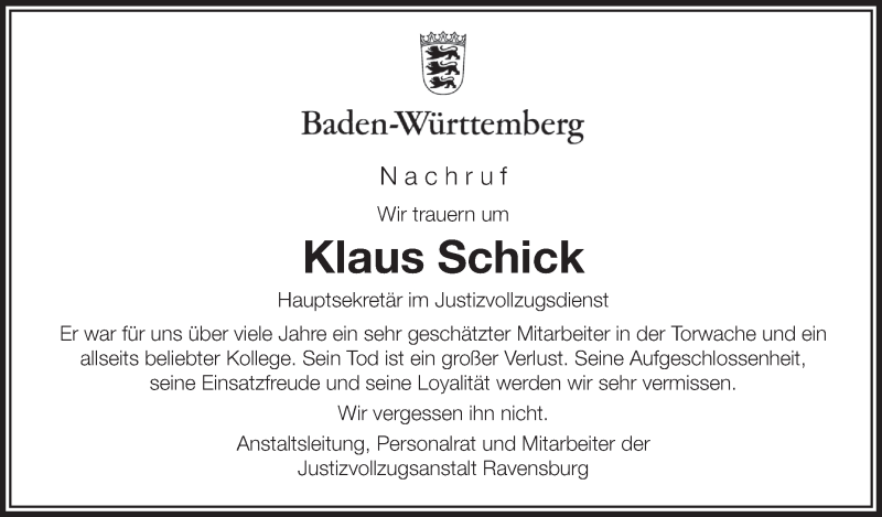  Traueranzeige für Klaus Schick vom 27.04.2013 aus Schwäbische Zeitung