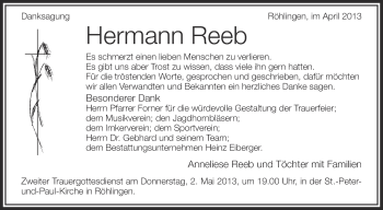 Anzeige von Hermann Reeb von Schwäbische Zeitung
