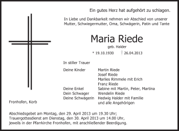 Anzeige von Maria Riede von Schwäbische Zeitung