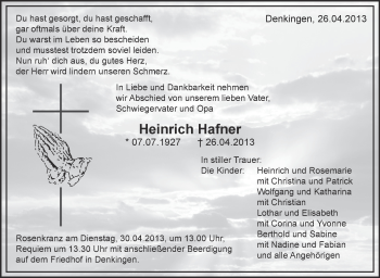 Anzeige von Heinrich Hafner von Schwäbische Zeitung