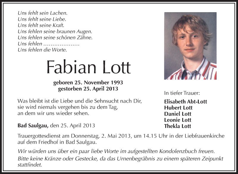  Traueranzeige für Fabian Lott vom 30.04.2013 aus Schwäbische Zeitung