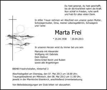 Anzeige von Marta Frei von Schwäbische Zeitung