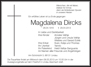 Anzeige von Magdalena Dircks von Schwäbische Zeitung