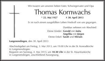 Anzeige von Thomas Kornwachs von Schwäbische Zeitung