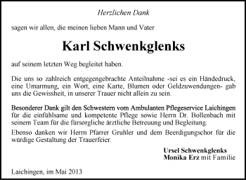 Anzeige von Karl Schwenkglenks von Schwäbische Zeitung