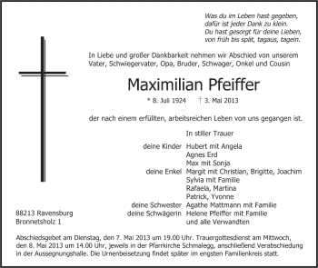 Anzeige von Maximilian Pfeiffer von Schwäbische Zeitung
