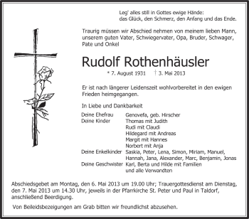 Anzeige von Rudolf Rothenhäusler von Schwäbische Zeitung