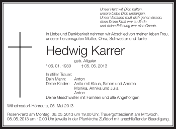 Anzeige von Hedwig Karrer von Schwäbische Zeitung