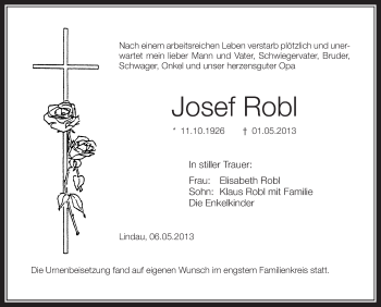 Anzeige von Josef Robl von Schwäbische Zeitung