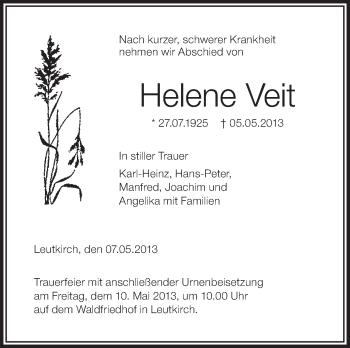 Anzeige von Helene Veit von Schwäbische Zeitung