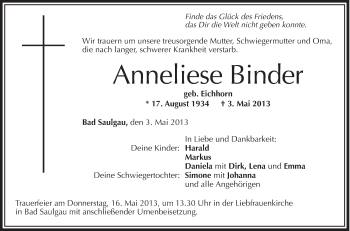 Anzeige von Anneliese Binder von Schwäbische Zeitung