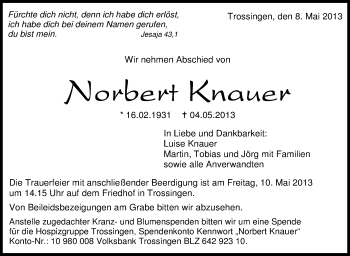 Anzeige von Norbert Knauer von Schwäbische Zeitung