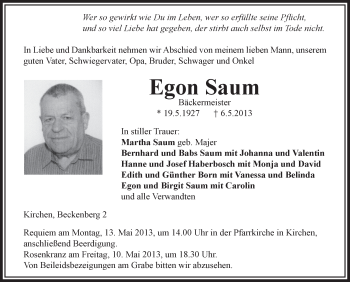 Anzeige von Egon Saum von Schwäbische Zeitung