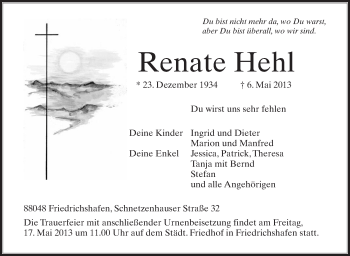 Anzeige von Renate Hehl von Schwäbische Zeitung