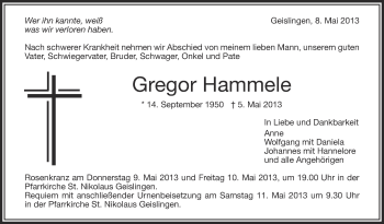 Anzeige von Gregor Hammele von Schwäbische Zeitung