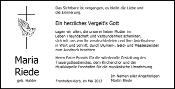 Anzeige von Maria Riede von Schwäbische Zeitung