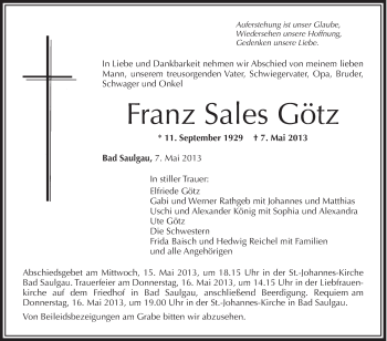 Anzeige von Franz Sales Götz von Schwäbische Zeitung