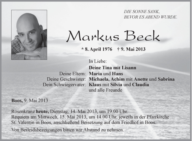  Traueranzeige für Markus Beck vom 14.05.2013 aus Schwäbische Zeitung