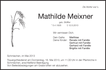 Anzeige von Mathilde Meixner von Schwäbische Zeitung