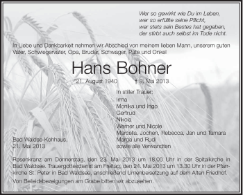 Anzeige von Hans Bohner von Schwäbische Zeitung