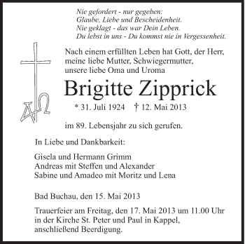Anzeige von Brigitte Zipprick von Schwäbische Zeitung