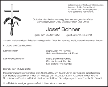 Anzeige von Josef Bohner von Schwäbische Zeitung