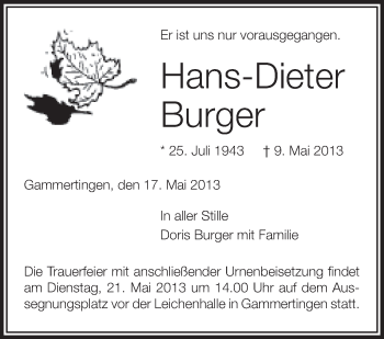 Anzeige von Hans-Dieter Burger von Schwäbische Zeitung