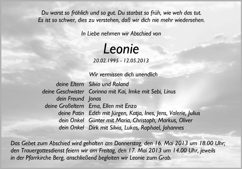 Traueranzeige für Leonie  vom 15.05.2013 aus Schwäbische Zeitung