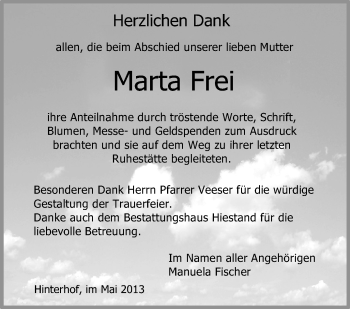 Anzeige von Marta Frei von Schwäbische Zeitung