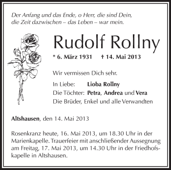 Anzeige von Rudolf Rollny von Schwäbische Zeitung