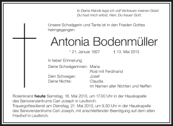 Anzeige von Antonia Bodenmüller von Schwäbische Zeitung