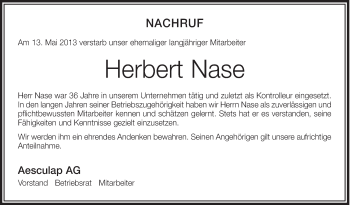 Anzeige von Herbert Nase von Schwäbische Zeitung